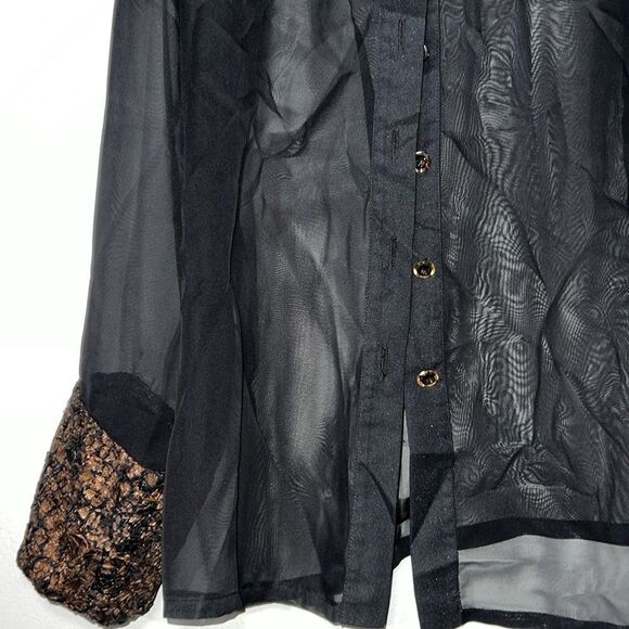 Ribkoff Trends VTG Sheer Black Blouse Button Front Ruched Trim Collared Cuffed - Picture 5 of 8